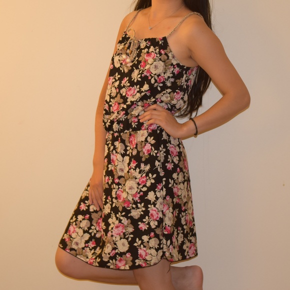 Pink and Black Floral Dress with Rope Strap - Picture 1 of 5
